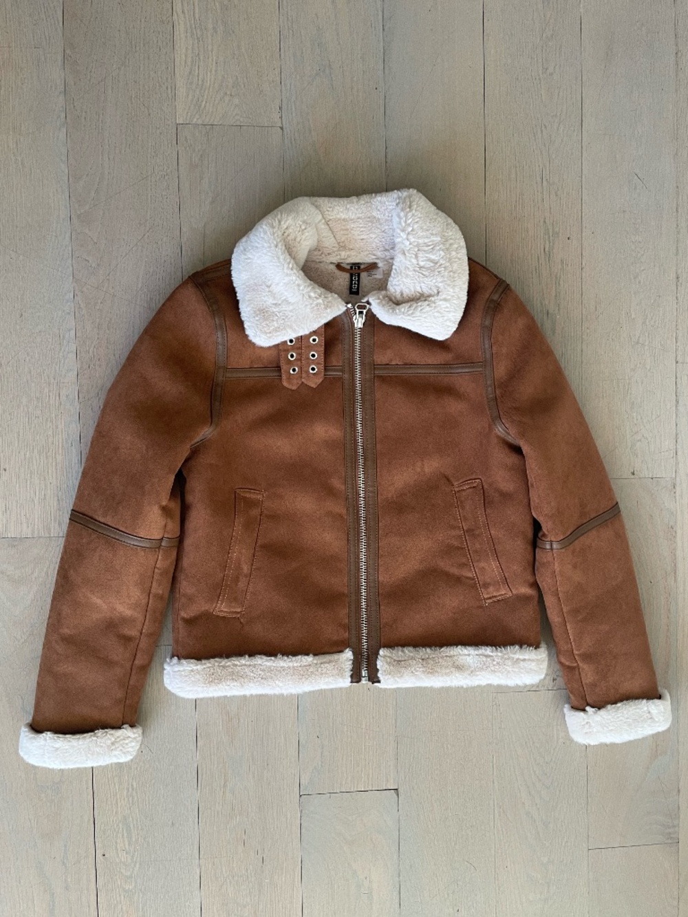H&M Divided Women's Faux Shearling Brown Aviator Biker Jacket - Size XS